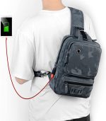 Small Black Sling Crossbody Backpack Shoulder Bag for Men Women Vintage PU Leather Sling Backpack Cycling USB Charger - Image 2